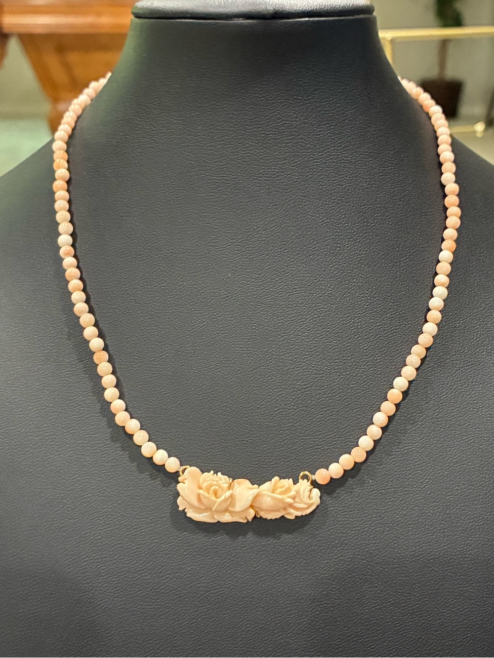 Antique Angel Skin Coral Carved Floral Necklace